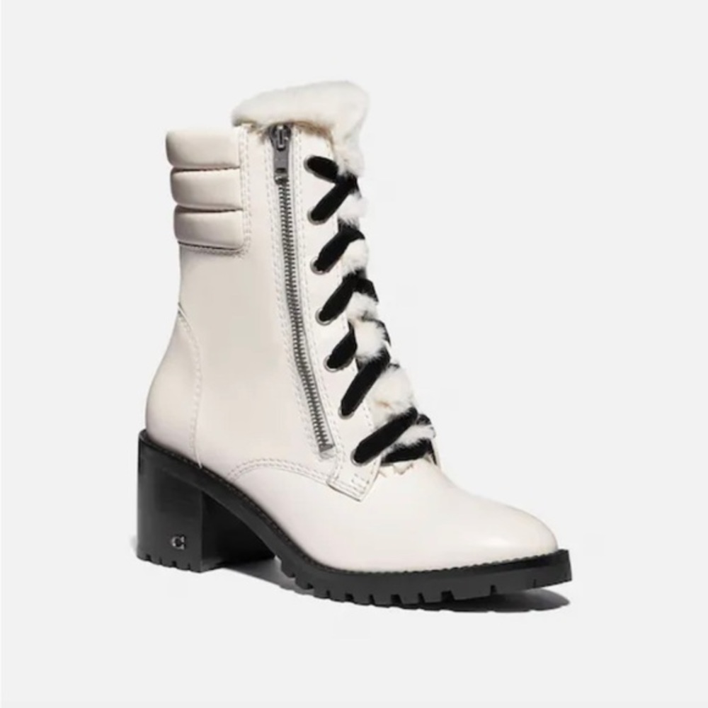 COACH Jenna White & Black Heeled Combat Boots with Faux Fur Lining - Size 8.5B